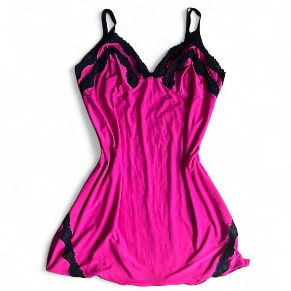 Delicates Pink Magenta & Black Lace Trim Cami Mini Slip Dress